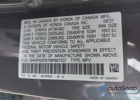 2021 Honda Cr-V Awd Ex from USA, damaged, VIN 2HKRW2H51MH681537